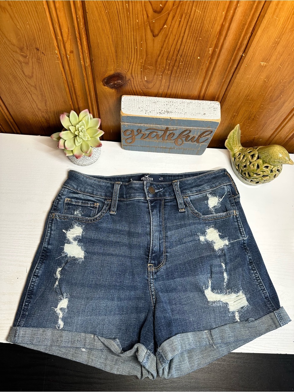 Hollister Dark Blue Distressed Roll-Hem Denim Shorts
